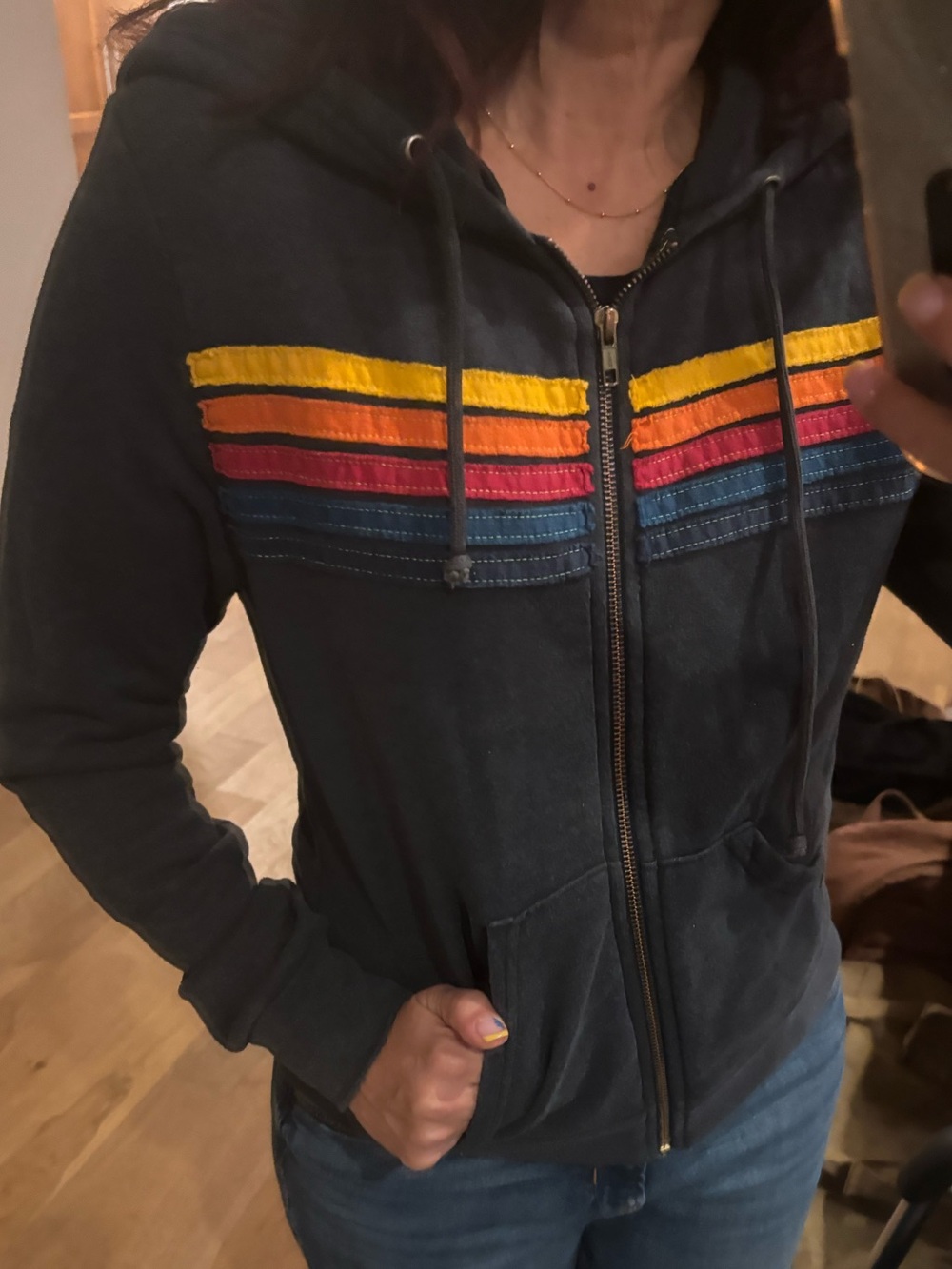 Aviator Nation Navy Zip Hoodie with Yellow, Orange, Red & Blue Stripes